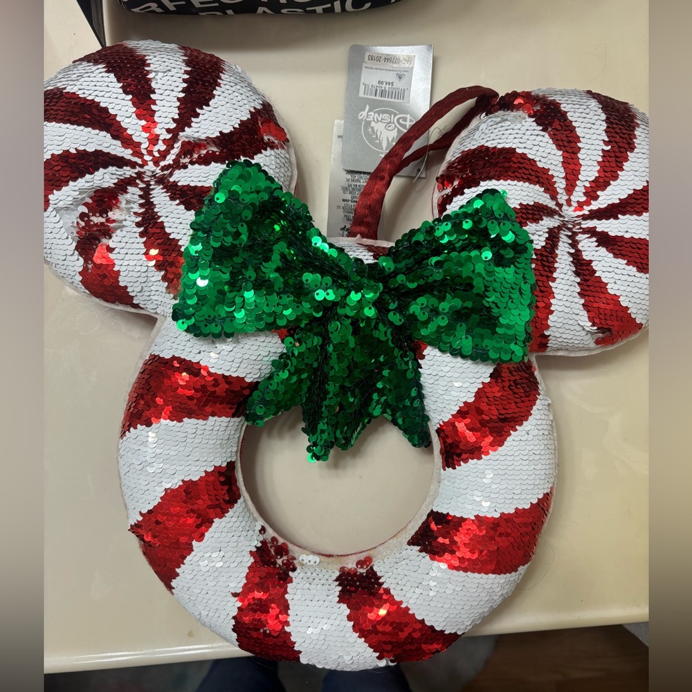 Disney parks sequin Holiday Christmas Peppermint Wreath with Green Bow